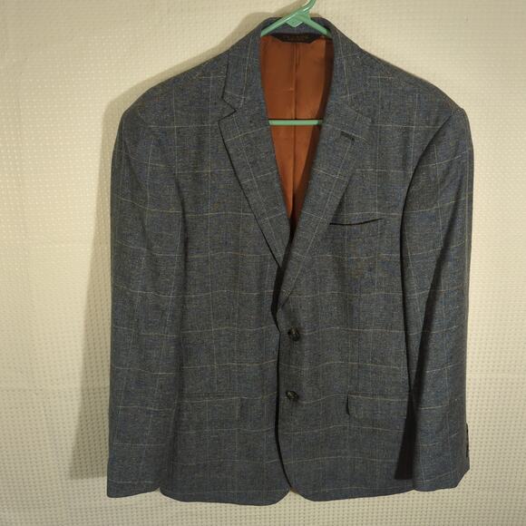 Joseph Jos A Bank 40S Slim Fit Blazer Jacket Men Blue Silk Linen Windowpane - Picture 1 of 7